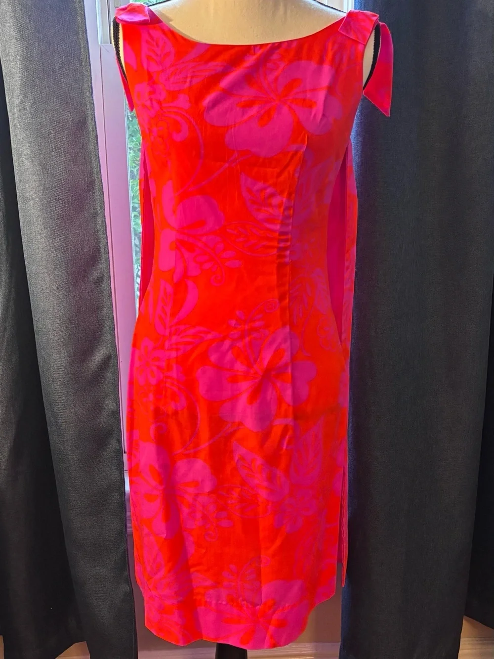 Vintage Vibrant Pink and Orange Floral Midi Dress w/Tie-Shoulder Detail -Size 8
